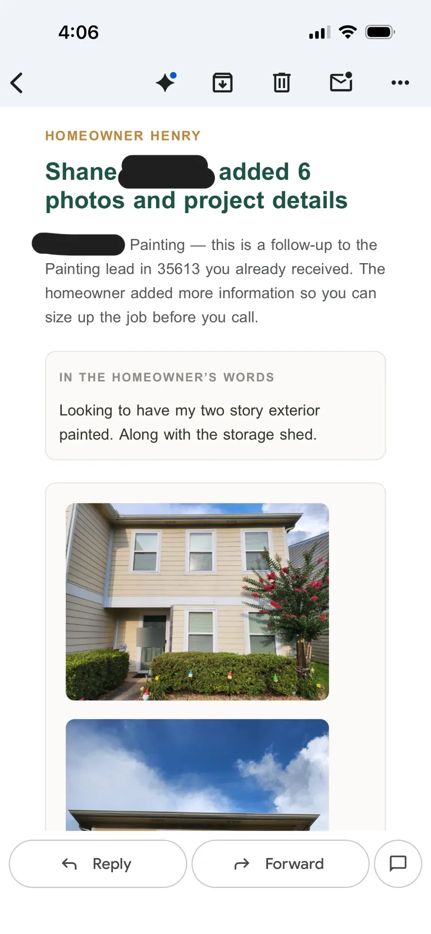 Follow-up email showing the homeowner added six photos and project details in their own words