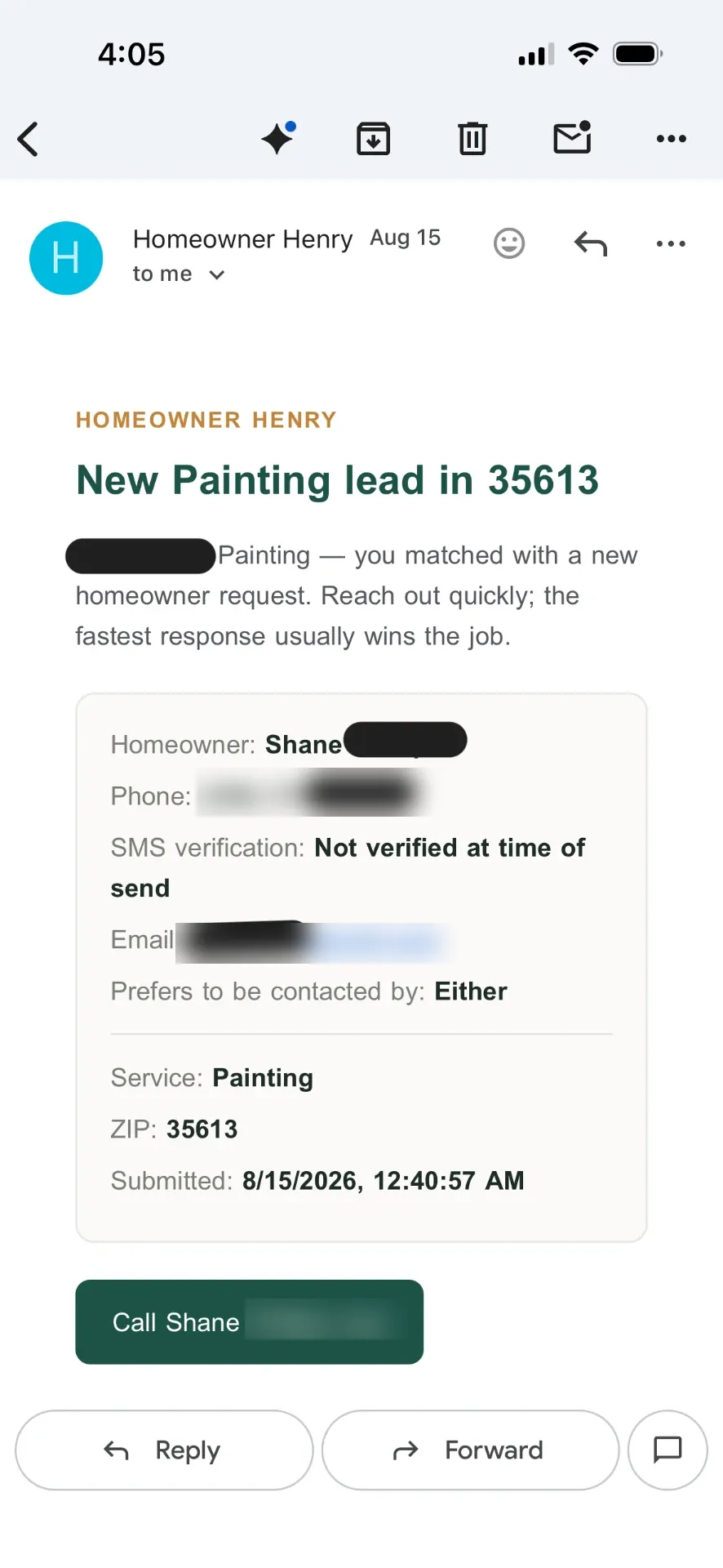 Email notification of a new painting lead showing homeowner name, phone, SMS verification status, email, service, ZIP and a call button